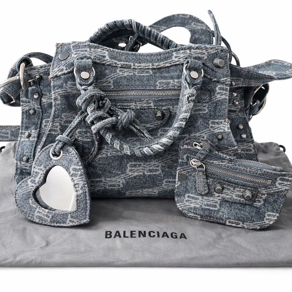 Balenciaga Women's Denim Monogram Satchel Bag in Washed Blue